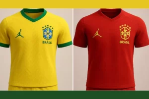 Camisa vermelha da seleção brasileira em destaque com torcedores divididos ao fundo, simbolizando a polêmica política de 2025.