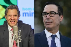 Mãos representando Brasil e EUA em aperto diplomático sobre fundo econômico global, simbolizando o encontro Haddad Mnuchin e tensões comerciais.