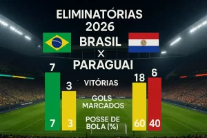 Gráfico comparando estatísticas de Brasil x Paraguai nas Eliminatórias 2026
