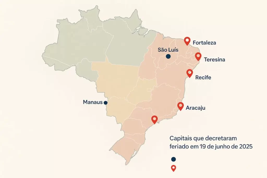 Dia 19 de junho é feriado? Veja como aproveitar os feriados do segundo semestre de 2025 1 a map of brazil with red points