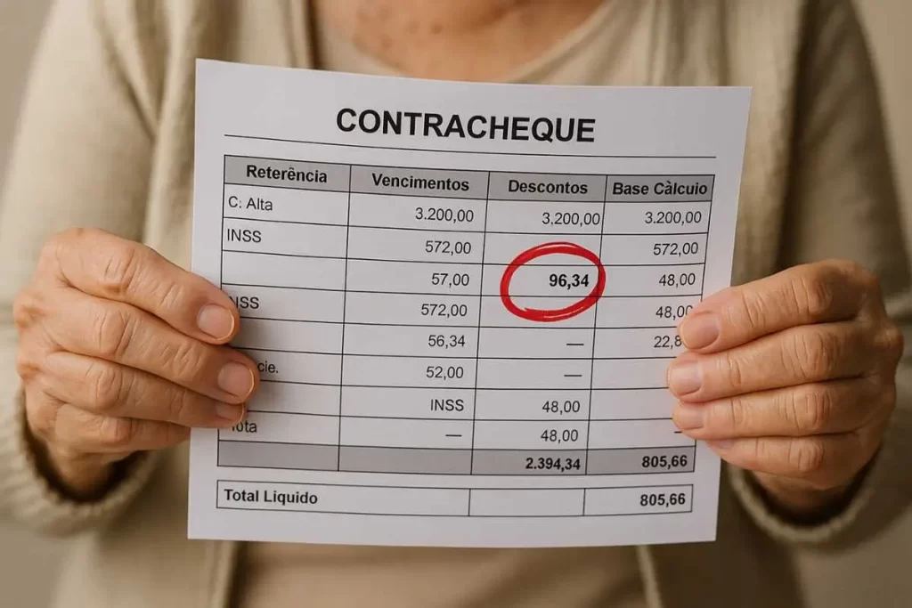 Aposentada do INSS segurando contracheque com destaque em vermelho para desconto não autorizado
