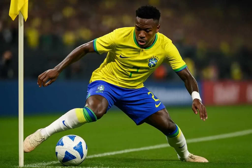Brasil X Paraguai duelo Vinicius Jr vs defesa paraguaia em foco 1 Close em Vinicius Jr fintando marcador na linha lateral em Brasil x Paraguai