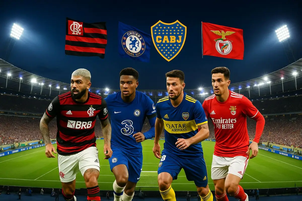 imagem aérea de estádio iluminado à noite com bandeiras de clubes como Flamengo, Chelsea e Boca