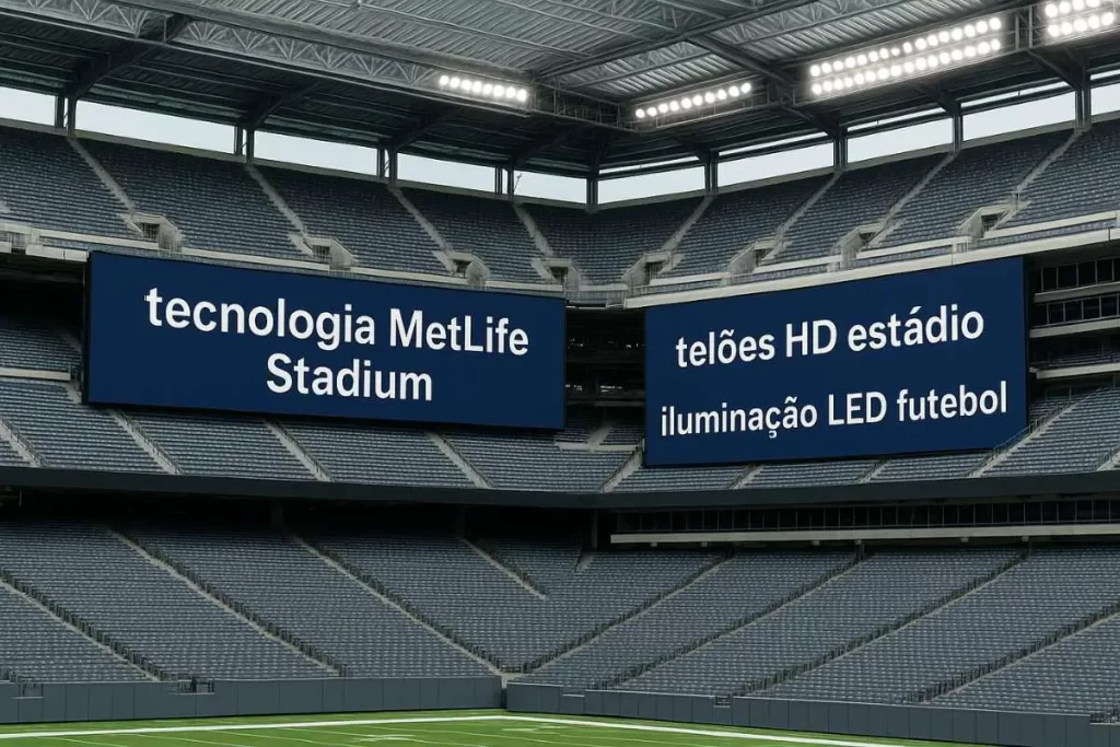 Interior do MetLife Stadium com telões HD gigantes e sistema de iluminação LED em testes pré-evento