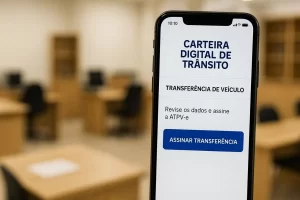 Smartphone exibindo app de transferência de veículos digital sem cartório
