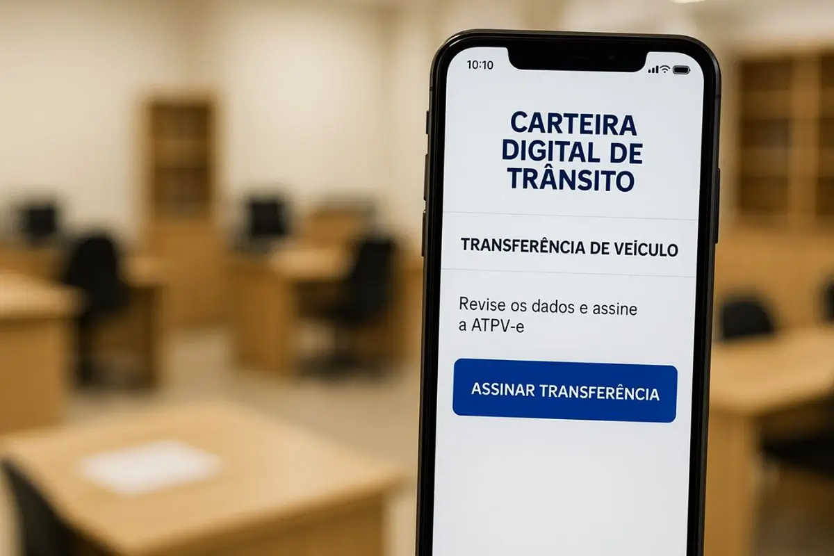 Smartphone exibindo app de transferência de veículos digital sem cartório