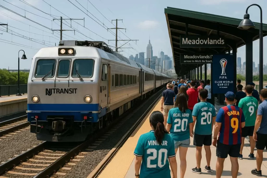 Trem da Meadowlands Rail Line parte da Penn Station rumo ao MetLife Stadium com torcedores de futebol