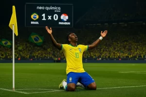 Vinicius Jr celebra 1 x 0 Brasil x Paraguai Eliminatorias 2026 Atitude MT
