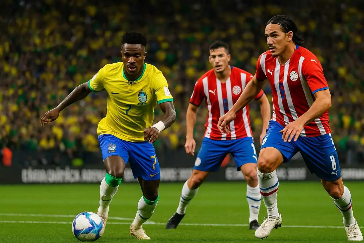 Vinicius Jr avançando pela esquerda contra dupla de marcadores paraguaios em Brasil x Paraguai