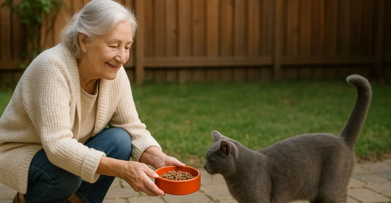 aposentada idosa alimentando gato no quintal de casa
