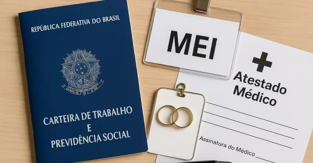 carteira de trabalho aberta ao lado de crachá de microempreendedor e documentos médicos