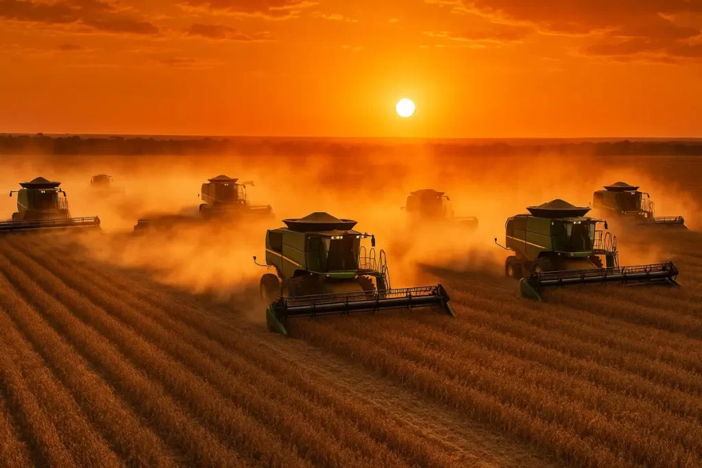 Colheita de soja em Rondonópolis com colheitadeiras em ação ao pôr do sol