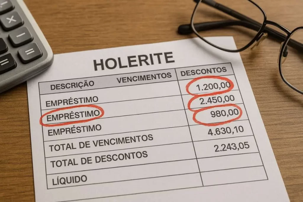 Close-up de demonstrativo de pagamento de servidor público mostrando descontos abusivos de empréstimo consignado