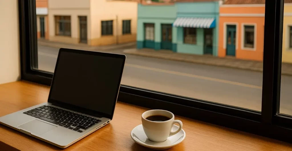  pessoa trabalhando em home office com vista para casario de cidade pequena