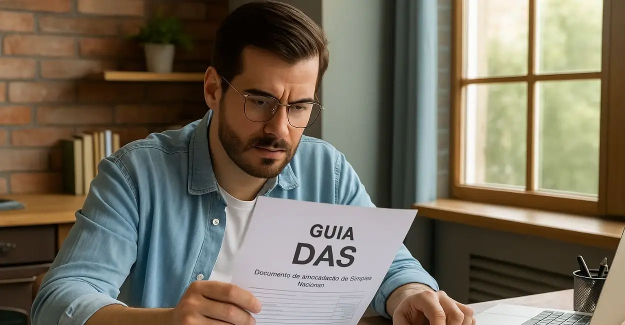 microempreendedor individual sentado à mesa examinando guias de recolhimento e seguridade