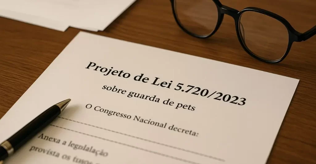 mãos segurando Projeto de Lei 5.720/2023 aberto em mesa de trabalho