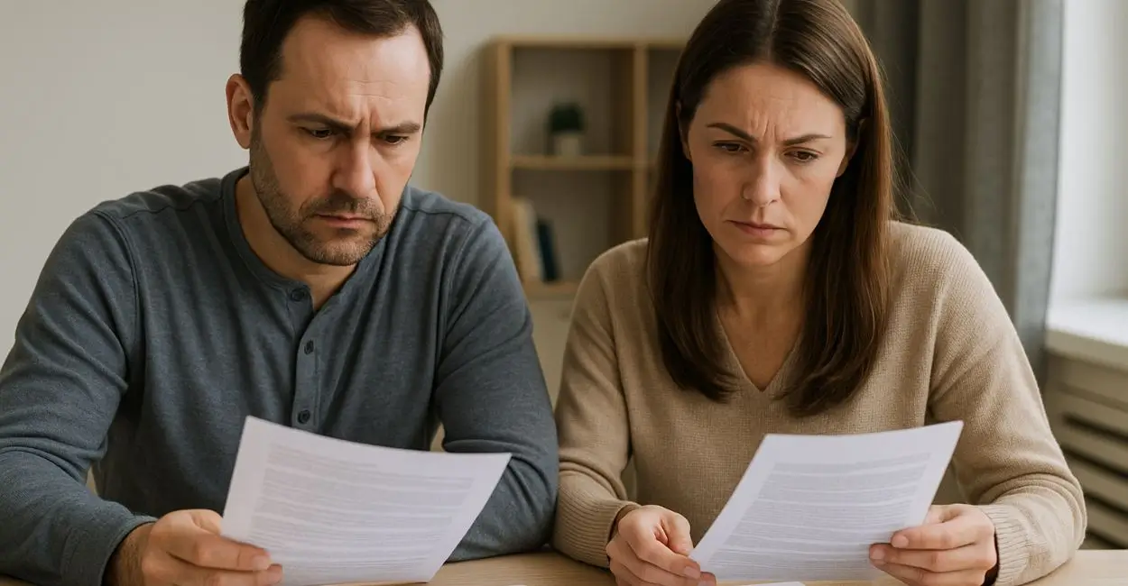 casal preocupado examinando documentos de herança em mesa de escritório