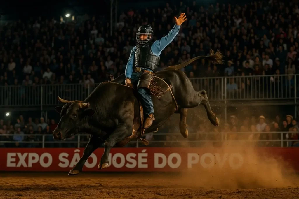 Peão montando touro saltando na arena da Expo São José do Povo com arquibancada cheia ao fundo