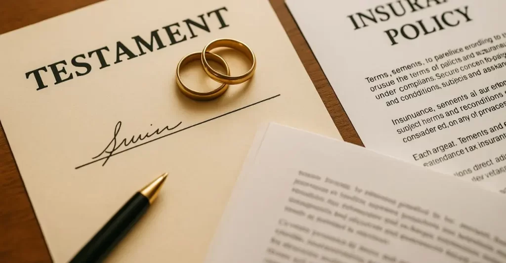 documento de testamento ao lado de alianças de casamento e apólice de seguro