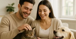 tutor e tutora brincando com gato e cão em sala de estar aconchegante