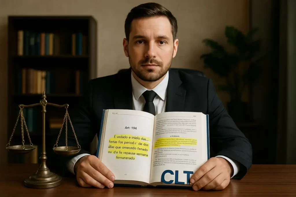 advogado trabalhista consultando código da CLT em livro aberto