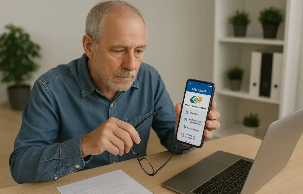 aposentado confere extrato do INSS no celular mostrando novo valor mínimo