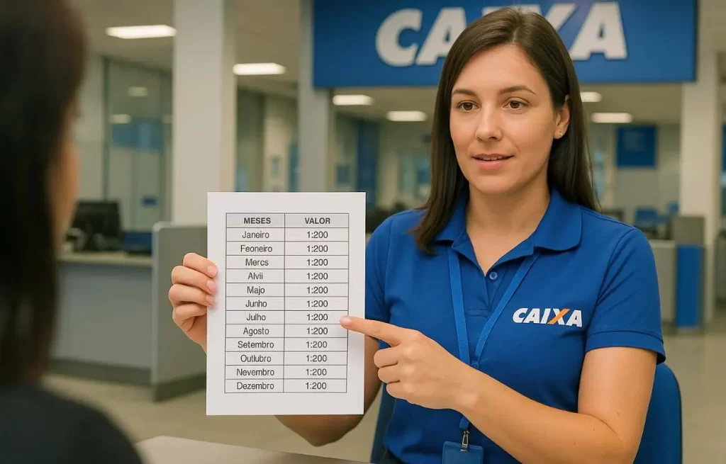 atendente da Caixa orienta cliente sobre valores do abono salarial no guichê