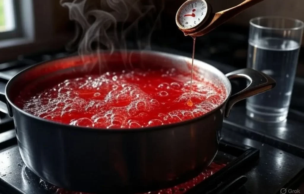 Preparo da calda vermelha do morango do amor no ponto certo de 145°C