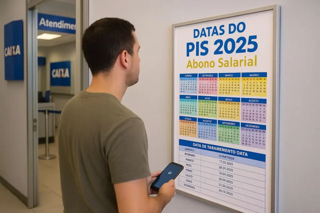 trabalhador verifica calendário de saques do PIS em agência da Caixa