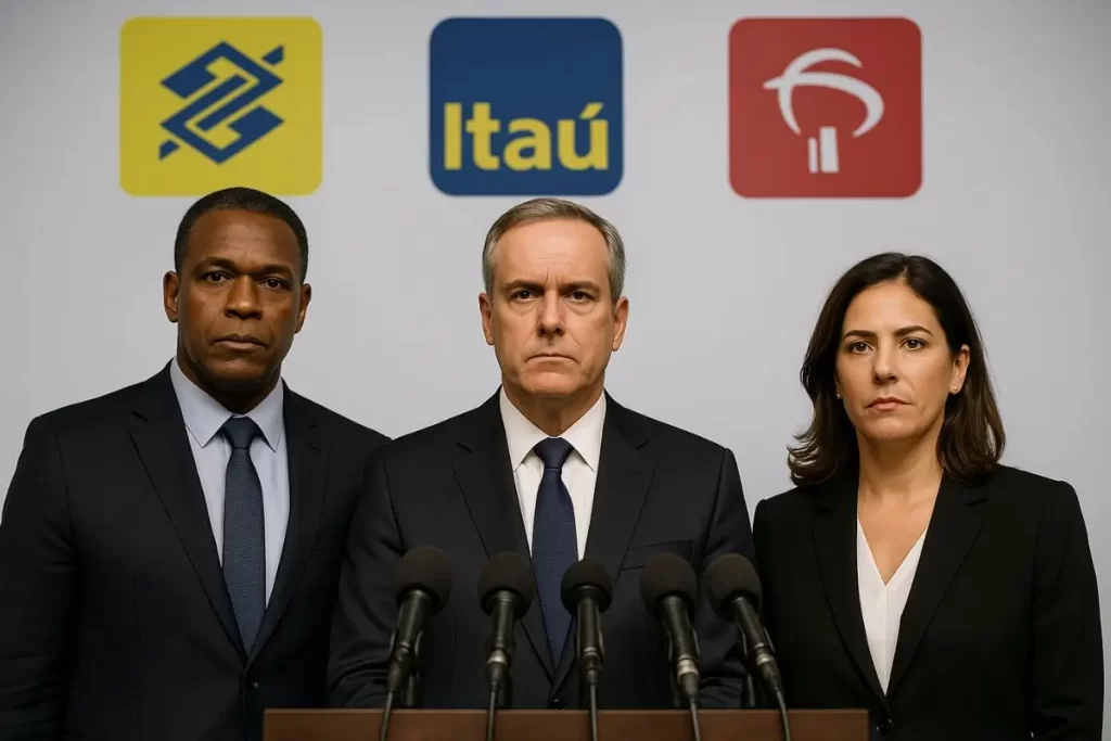 executivos de banco em coletiva explicam nota oficial sobre ataque