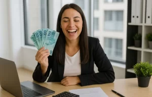 trabalhadora sorri ao conferir contracheque com novo salário mínimo de R$ 1.420