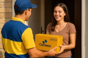 consumidora feliz recebe caixa dos Correios com smartphone novo comprado no marketplace