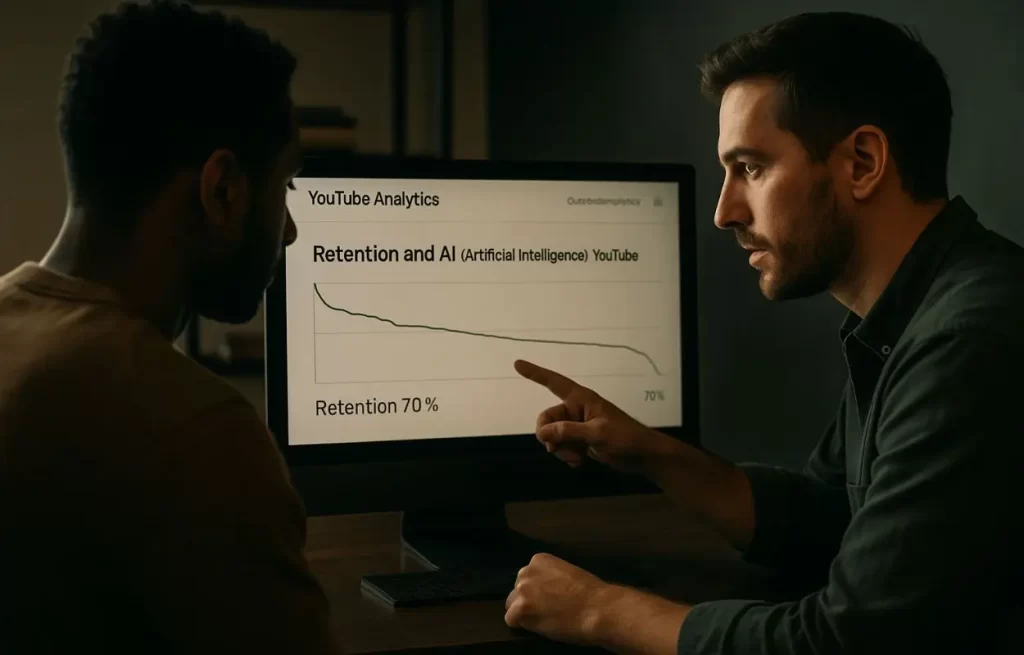 dupla de criadores analisa gráficos de retenção no YouTube Studio em desktop
