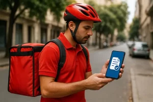 entregador de delivery em bicicleta segurando smartphone com app aberto