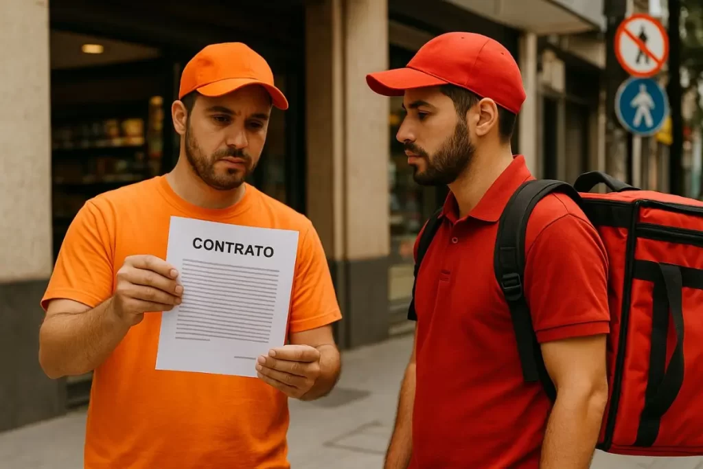 dois entregadores conversando, um com moto ao fundo e papéis na mão