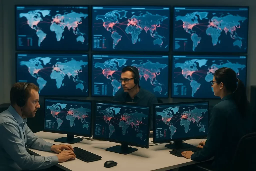 equipe de segurança cibernética monitora painéis de rede em tempo real