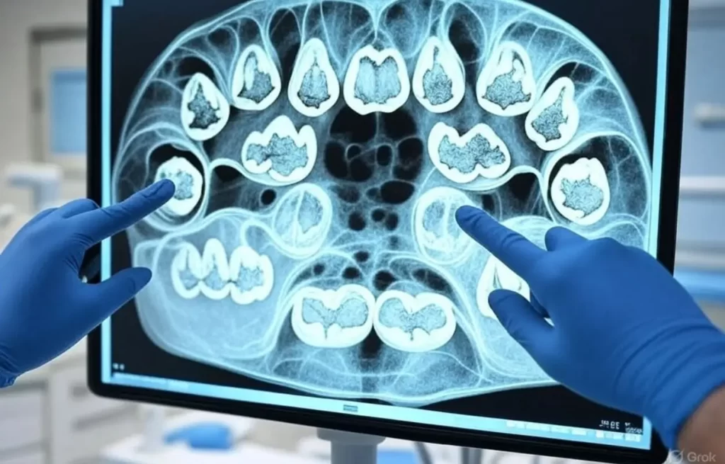 Raio-x dentário mostrando cáries e erosão causadas pelo morango do amor
