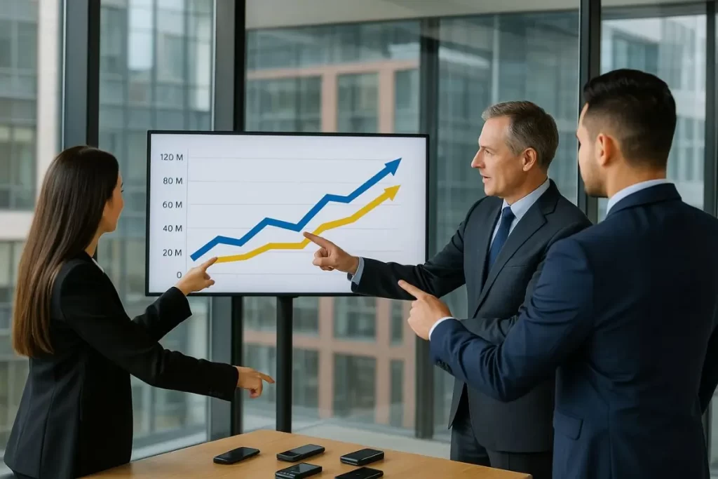 equipe de executivos dos Correios analisando gráfico de crescimento em sala de reunião