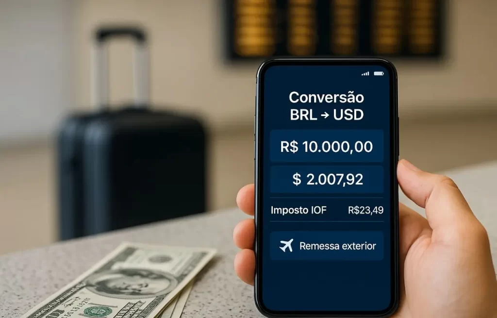viajante confere aplicativo de remessa internacional mostrando taxa de IOF de 3,5 por cento