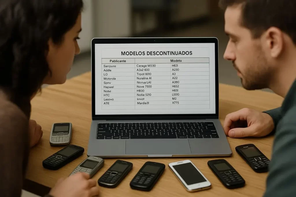 pessoas comparando lista de celulares em laptop e checando modelos físicos sobre a mesa