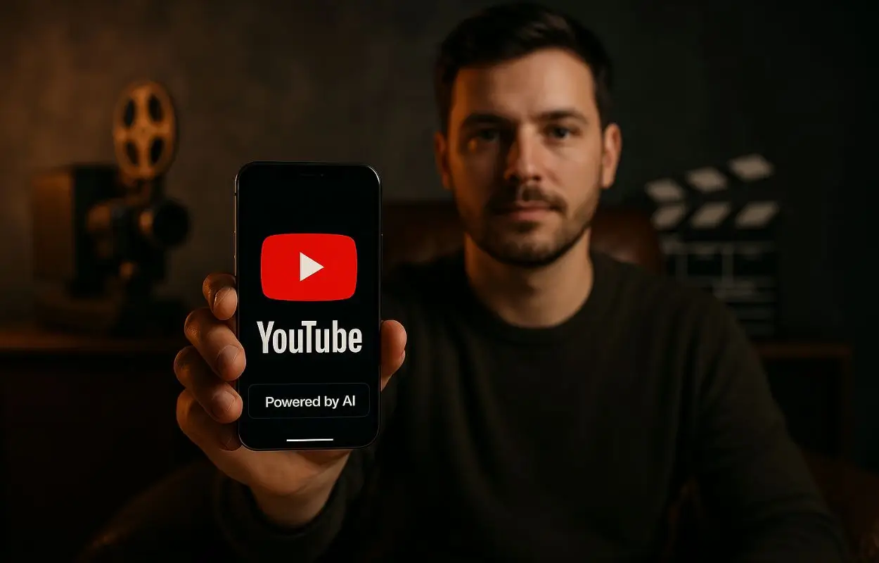 criador de conteúdo em estúdio cinemático segura celular com logo do YouTube e novo carrossel de IA em destaque