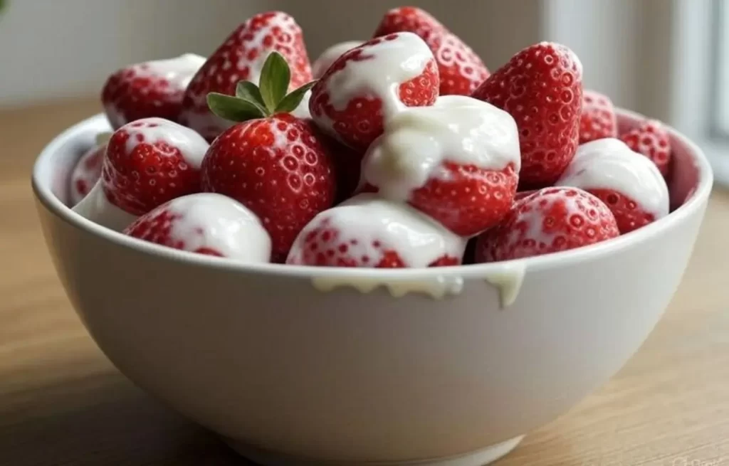 Tigela com morango do amor mostrando ingredientes açucarados que causam danos dentários