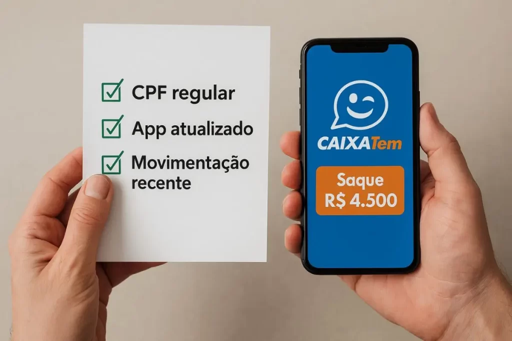 pessoa conferindo lista de requisitos em papel ao lado de celular com app aberto
