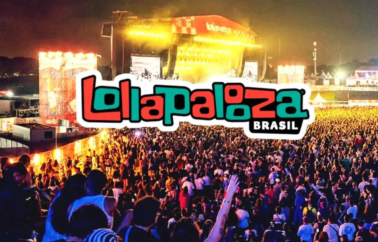 multidão do Lollapalooza ergue braços diante do palco principal no pôr do sol