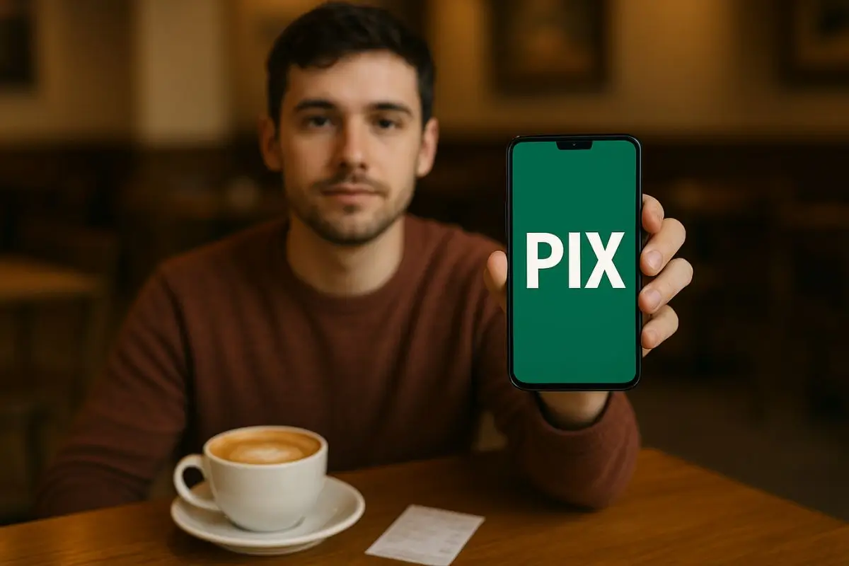 jovem em café exibe tela do celular com a palavra “Pix” destacada em letras grandes