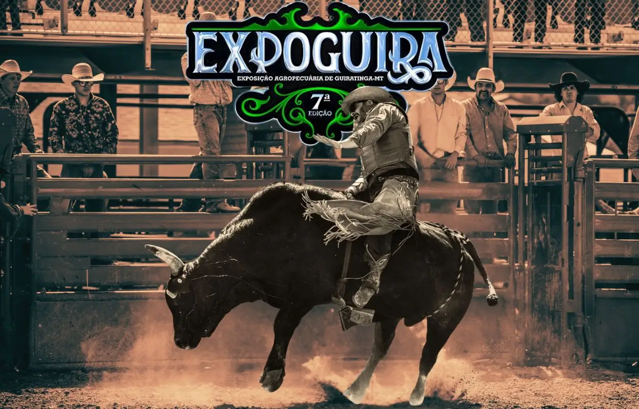peão montado em touro durante o rodeio noturno da EXPOGUIRA, arquibancada cheia ao fundo