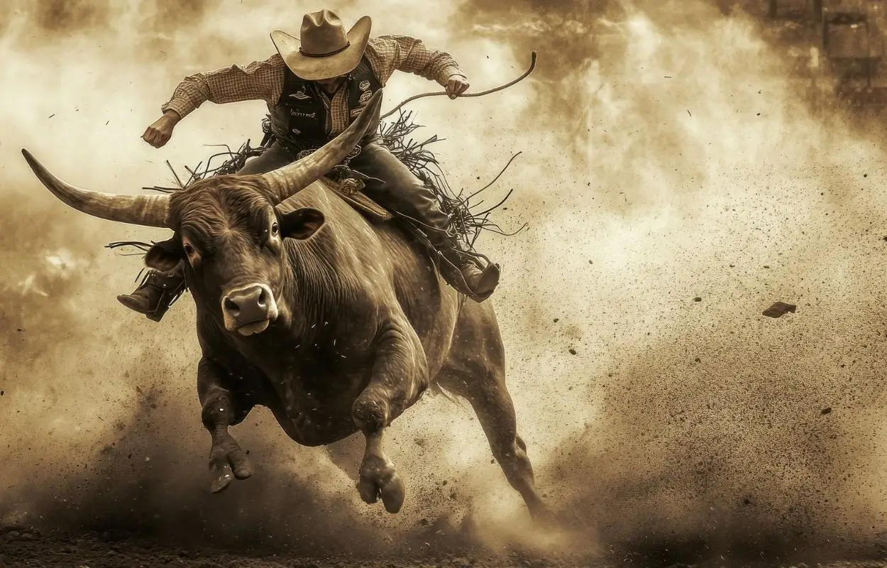 peão ergue o chapéu durante montaria com público lotando arquibancada da Expoagro