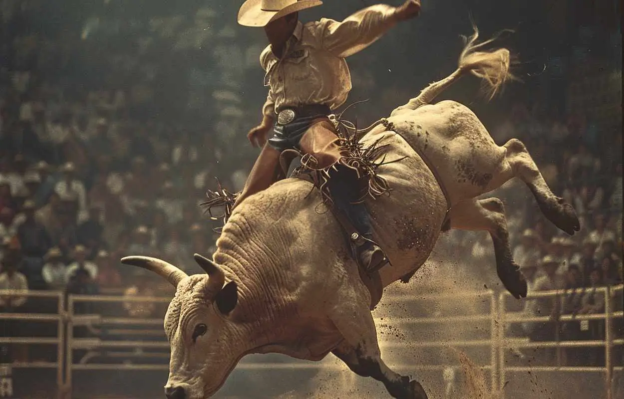 peão monta touro em arena iluminada da EXPOITI enquanto público aplaude nas arquibancadas