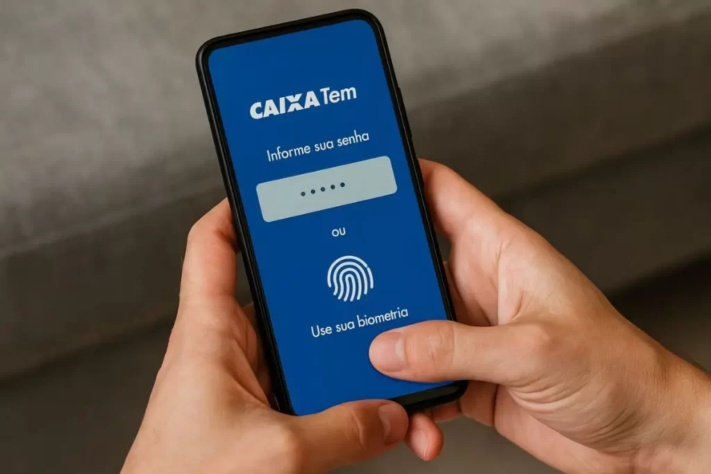 close em tela de celular solicitando biometria e campo de senha no app