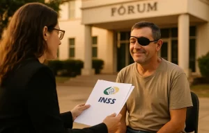 Trabalhador rural com tapa‑olho esquerdo recebe orientação de advogada sobre aposentadoria por incapacidade permanente após acidente de trabalho